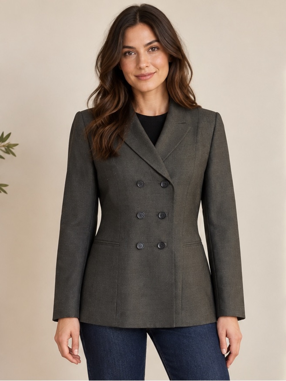Gray Double Breasted Blazer Birdseye Weave Tailored Office 8